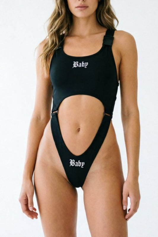 Black strap buckle one piece bodysuit