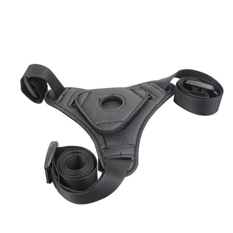 Black leather strap-on harness with silicone dildo, photo 3