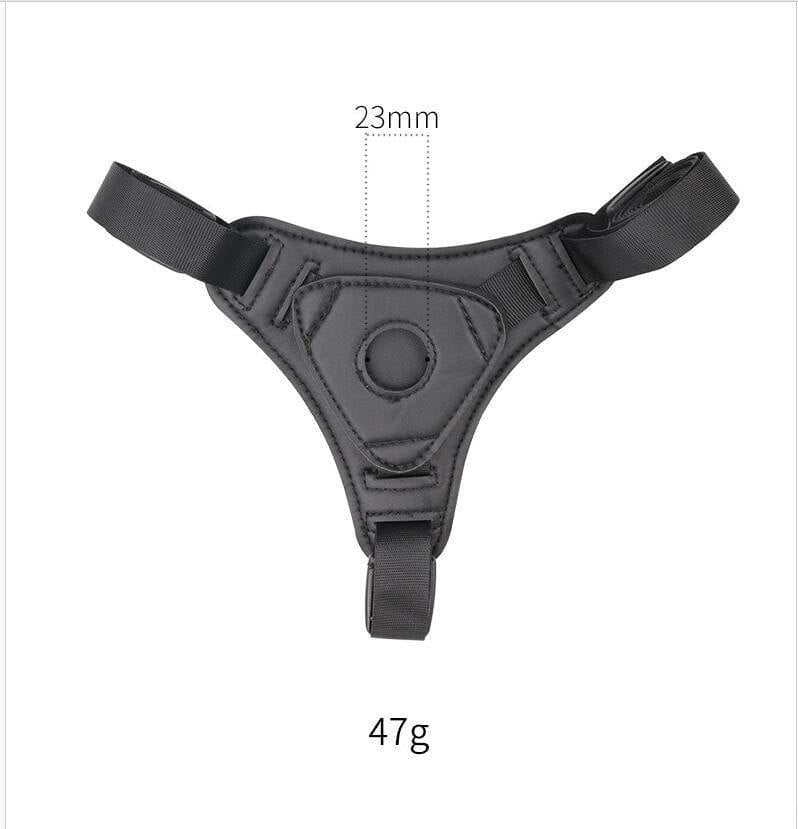 Black leather strap-on harness with silicone dildo, photo 4