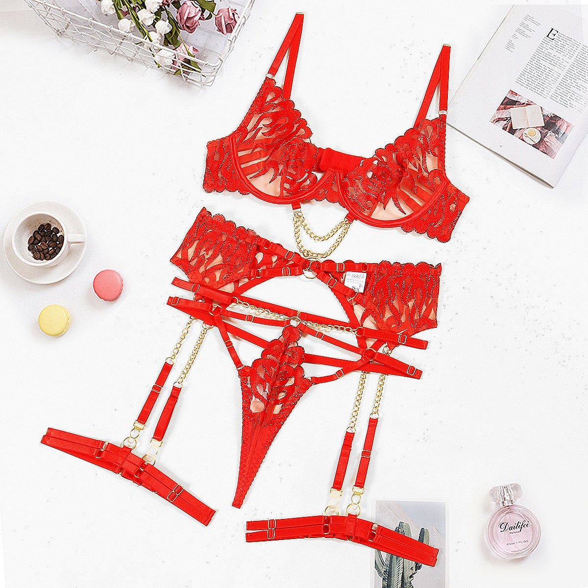 Strappy cage lace chain garter set, photo 10
