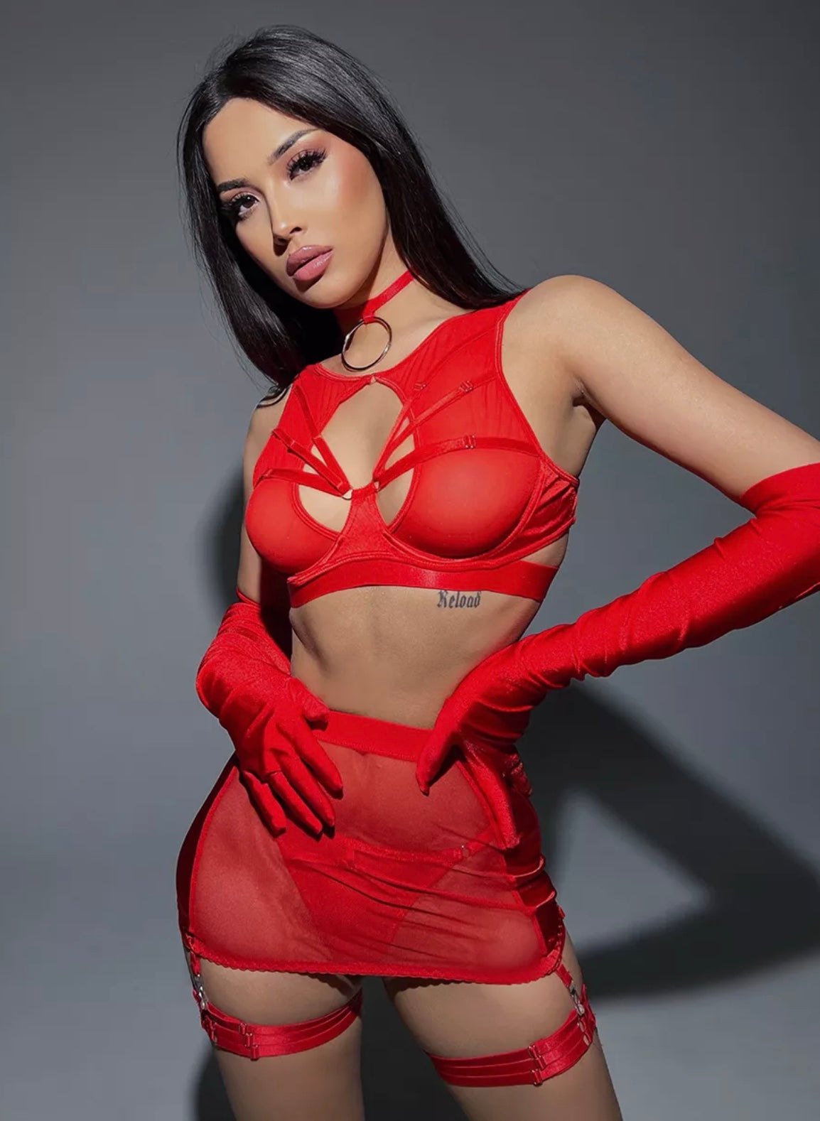 Red strappy choker sheer garter set