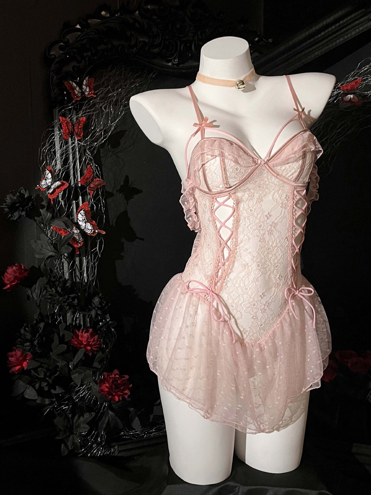 Pink strappy crotchless sheer lace nightdress