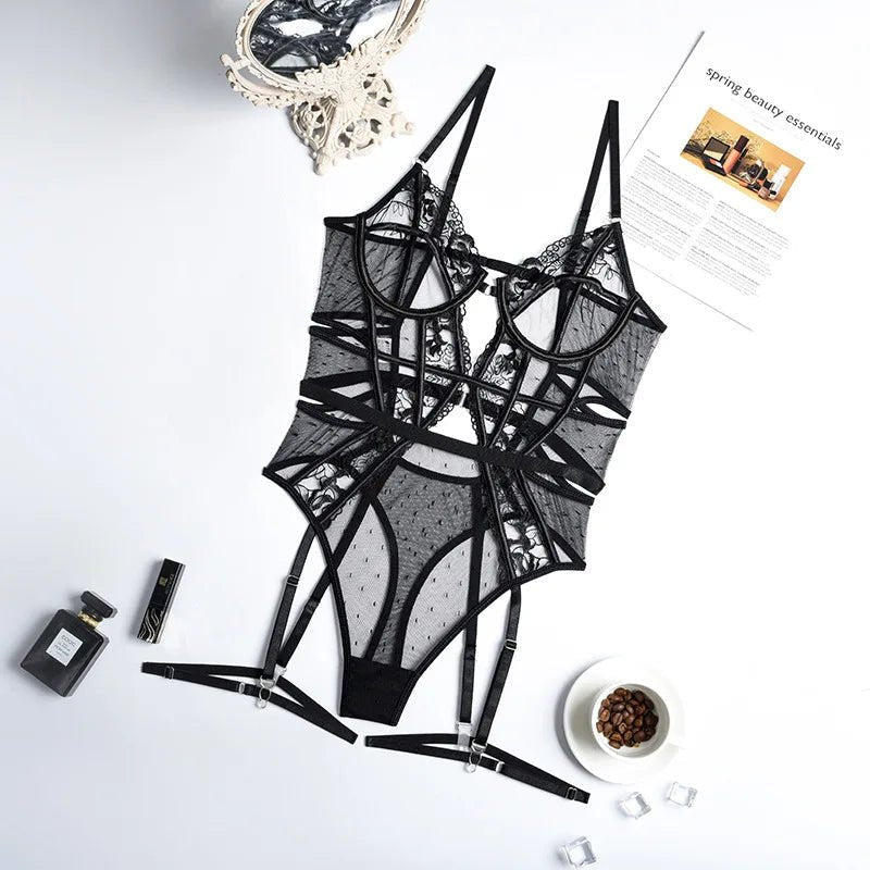 Black strappy lace garter bridal bodysuit set