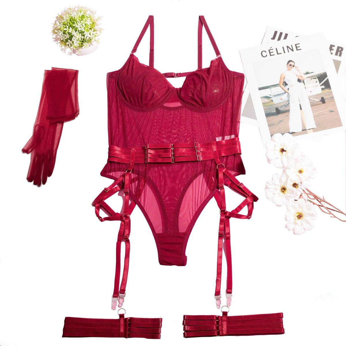 Strappy romantic lace garter bodysuit set, photo 4