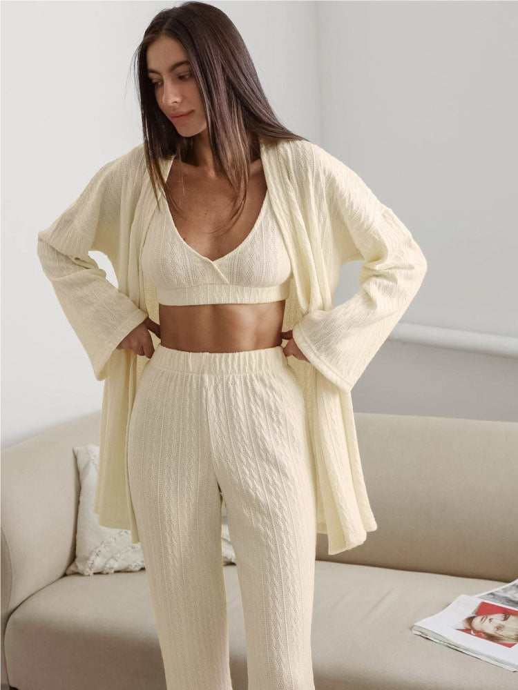 Beige striped knit long pants pajama robe set