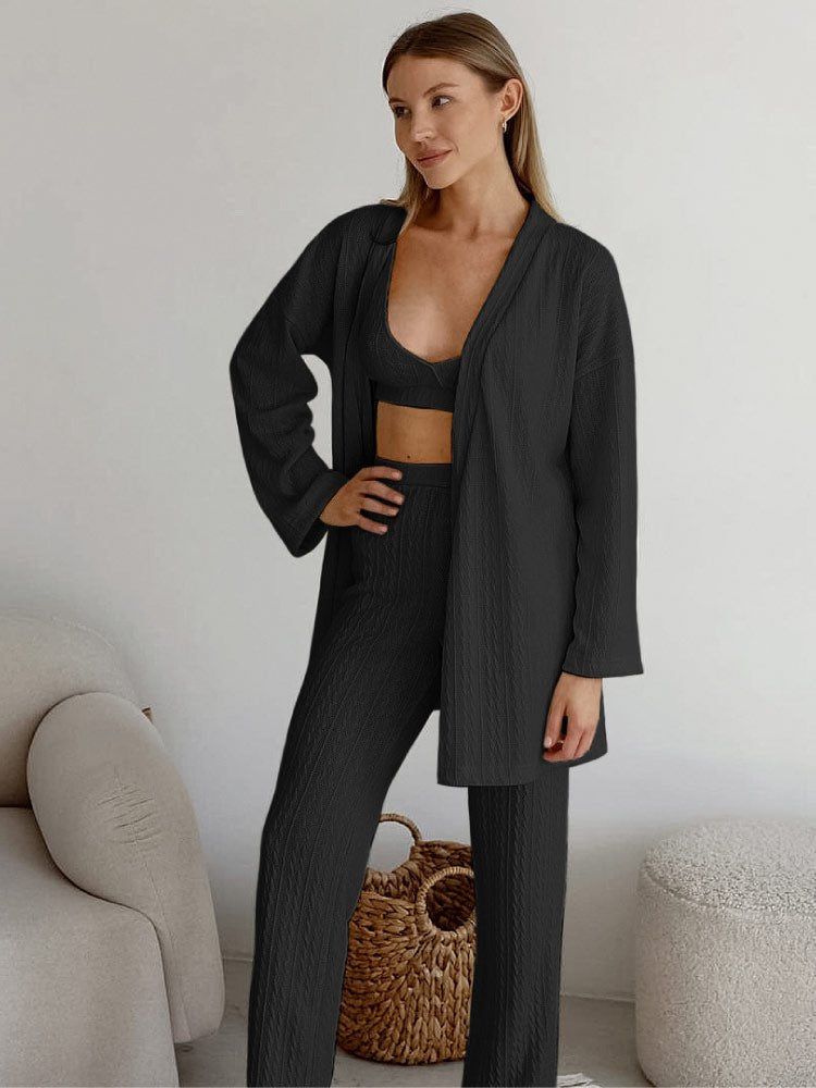Black striped knit long pants pajama robe set