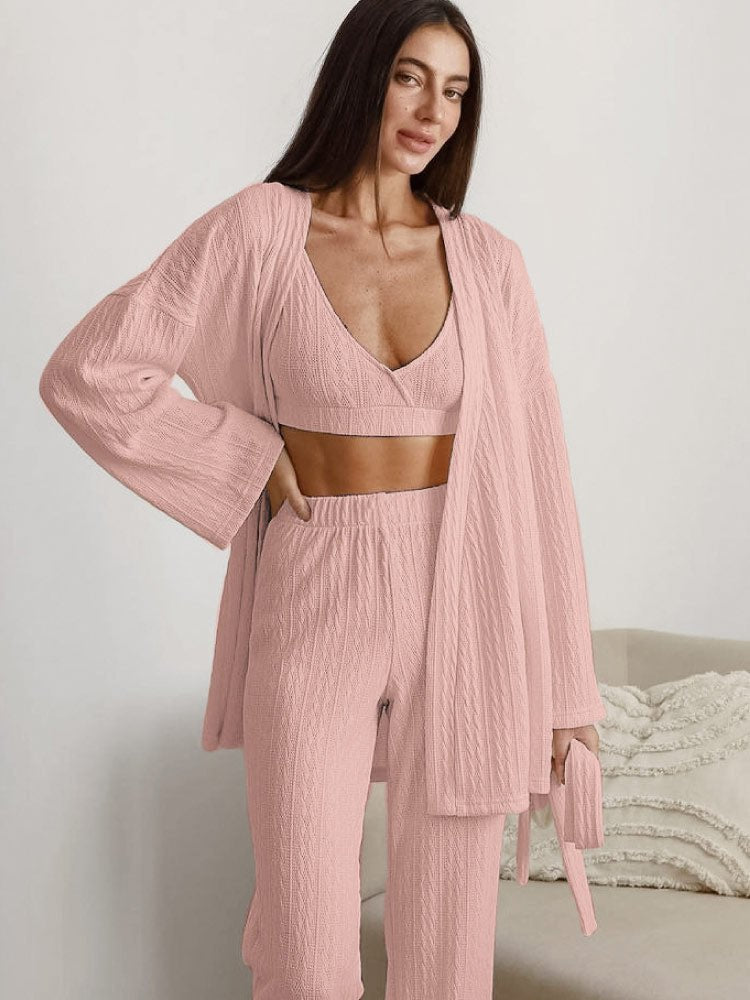 Dark Pink striped knit long pants pajama robe set