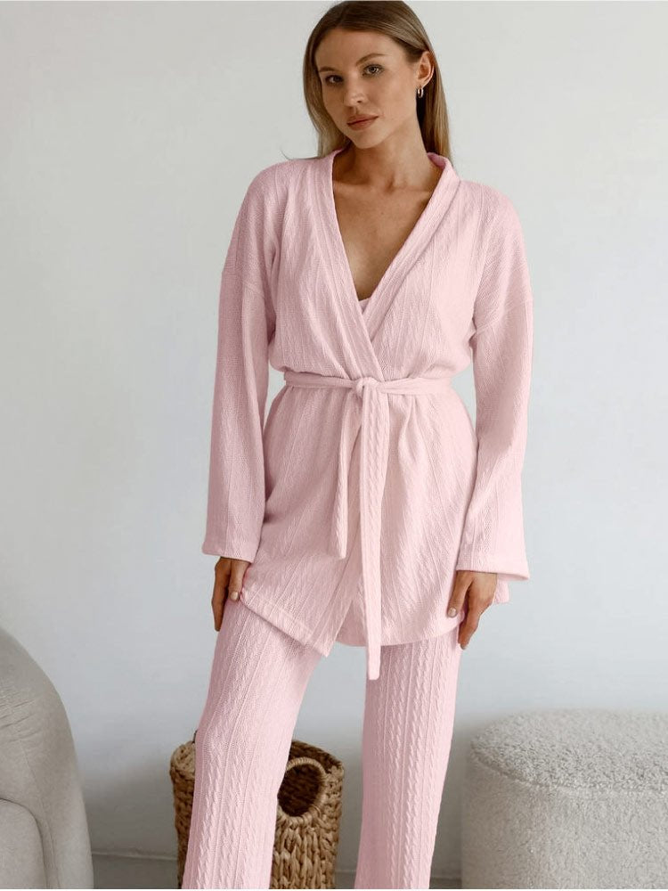 Pink striped knit long pants pajama robe set
