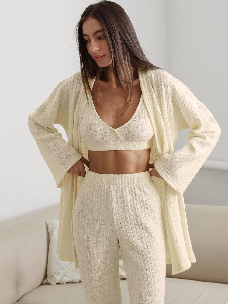 Striped knit long pants pajama robe set, photo 1