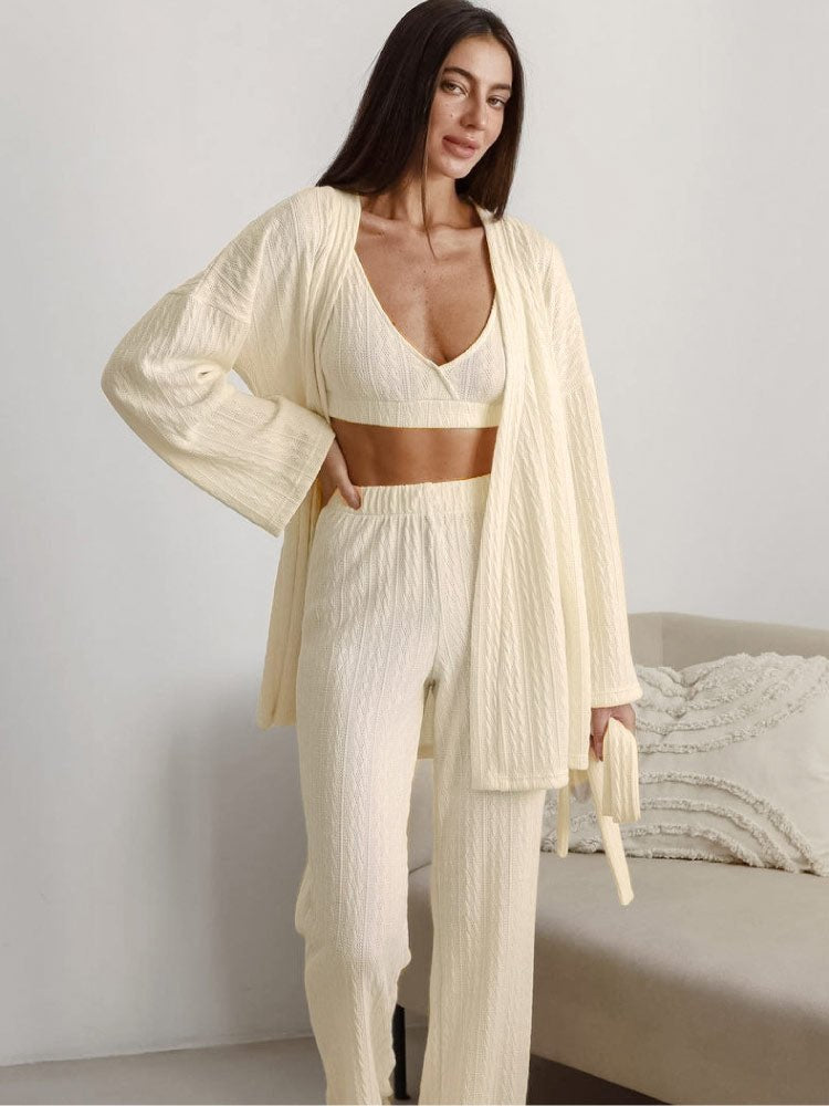 Striped knit long pants pajama robe set, photo 4
