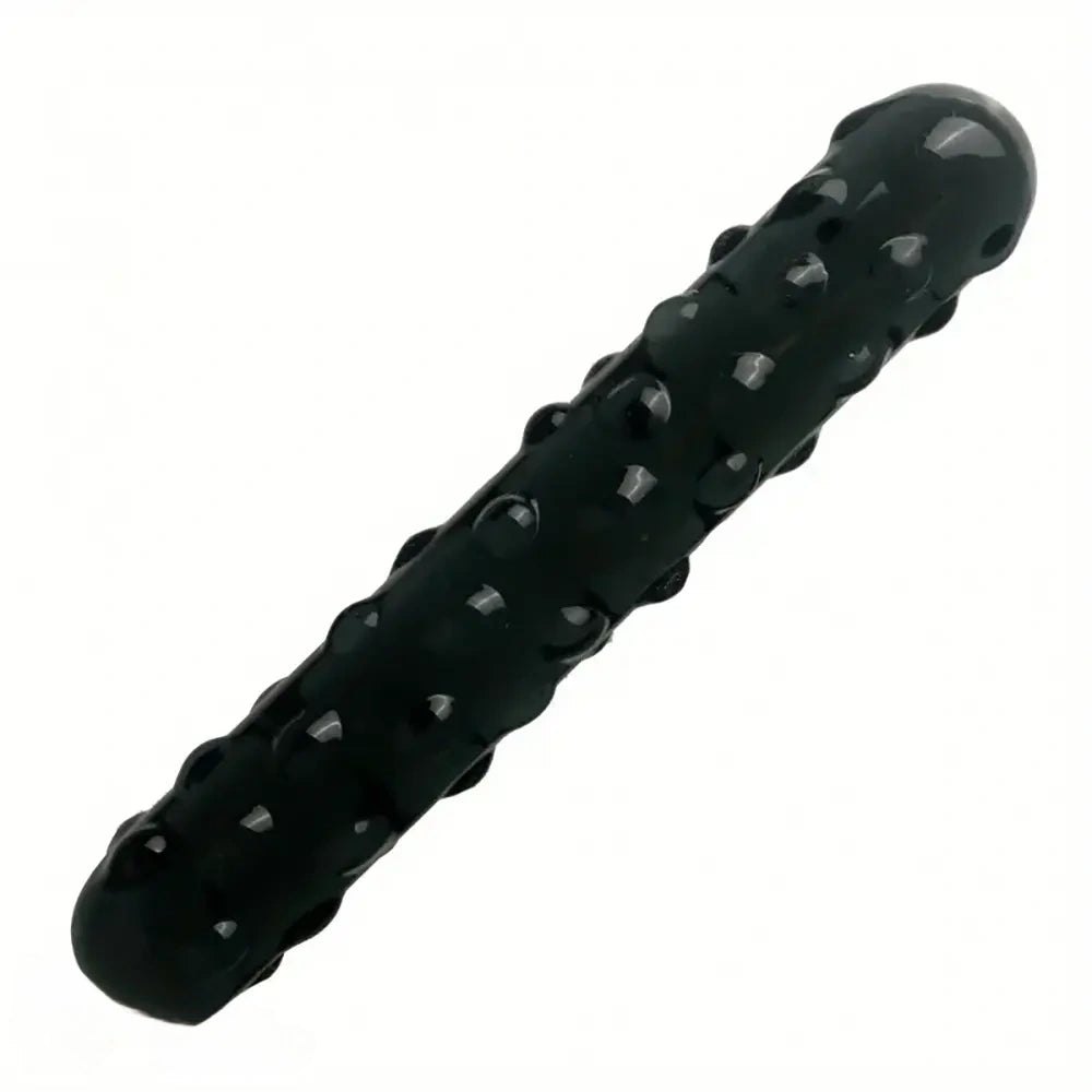 Black studded texture curved glass dildo