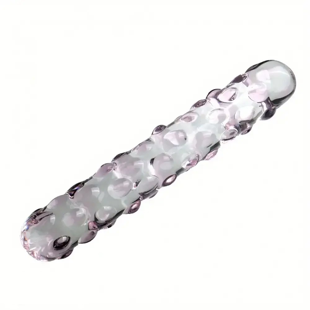 Clear studded texture curved glass dildo