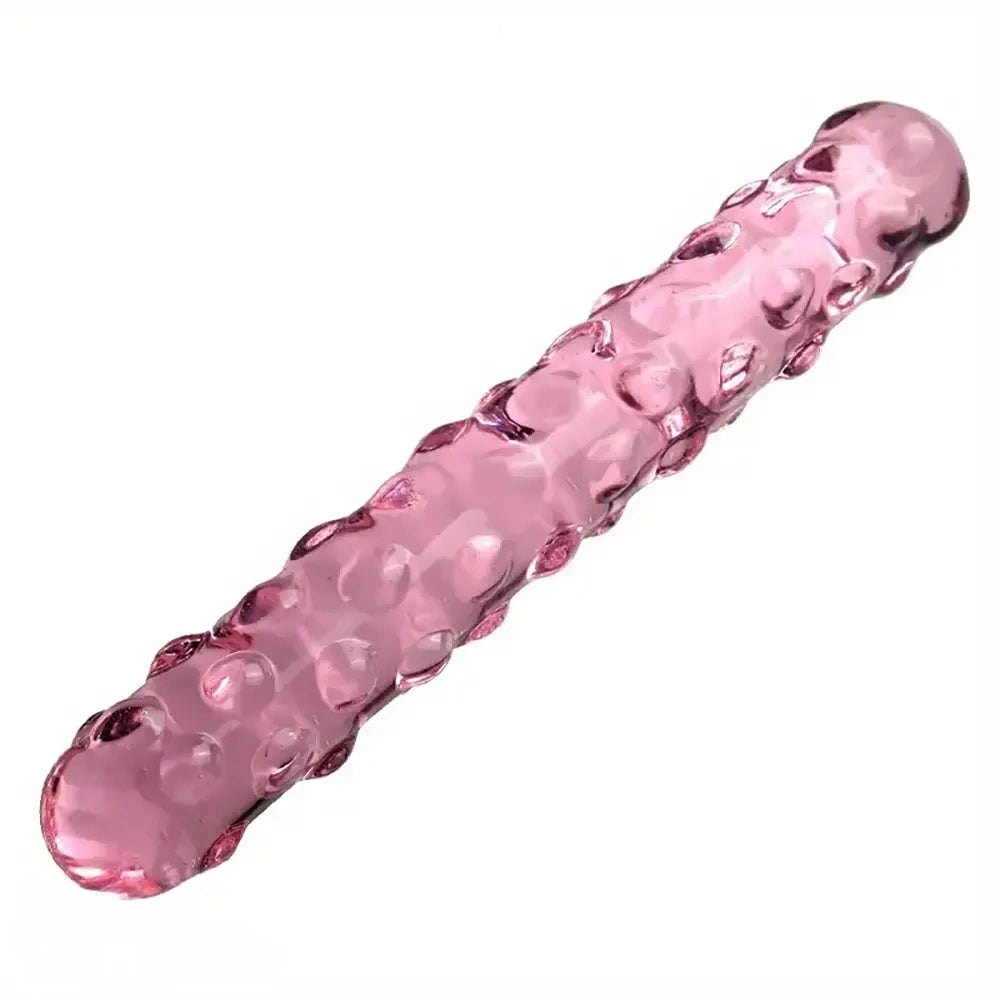 Pink studded texture curved glass dildo