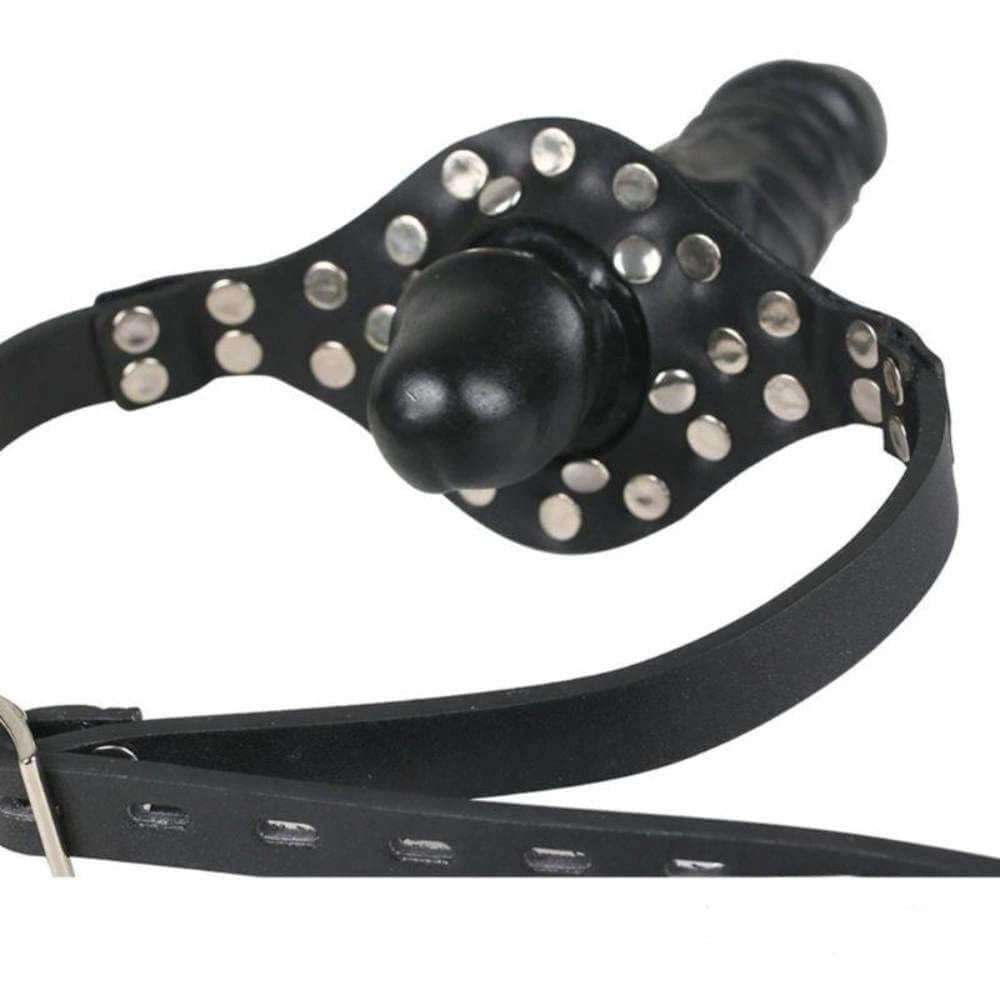 Black studded pvc face harness gag dildo, photo 3