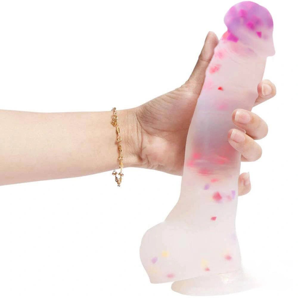 White silicone dildo with colorful flecks and suction cup base, photo 4