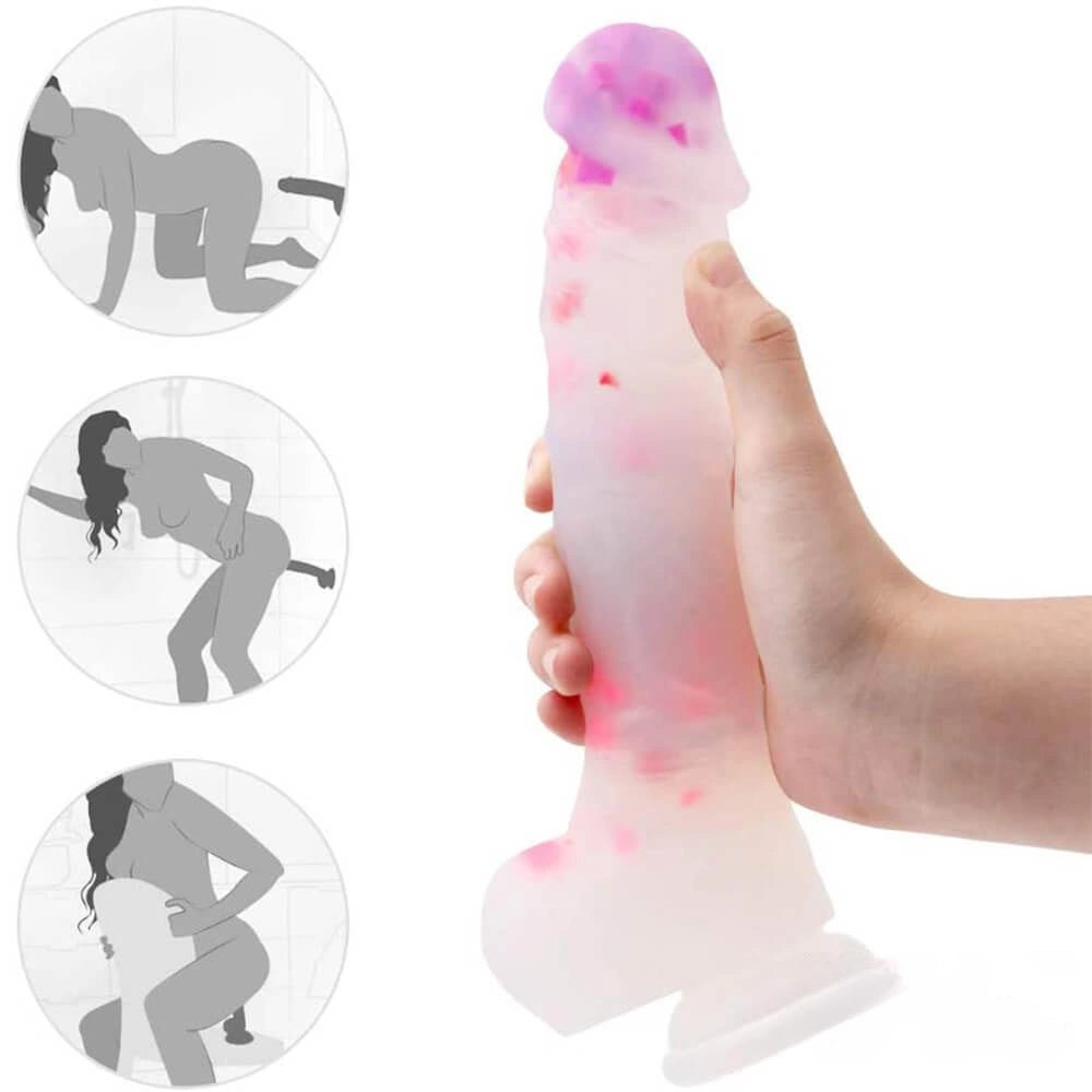 White silicone dildo with colorful flecks and suction cup base, photo 6