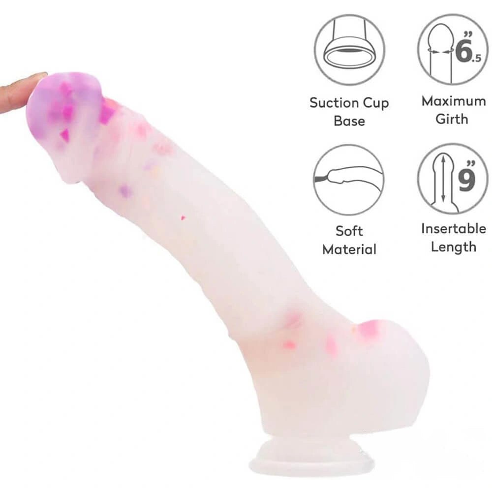 White silicone dildo with colorful flecks and suction cup base, photo 7