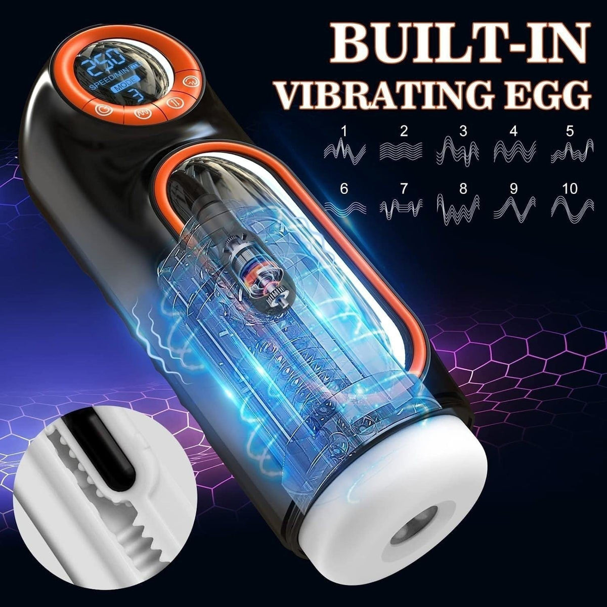 Black orange suction vibrating masturbator cup, photo 3