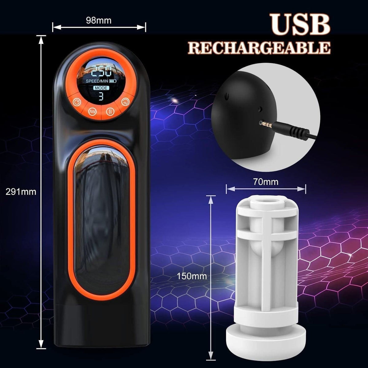 Black orange suction vibrating masturbator cup, photo 4