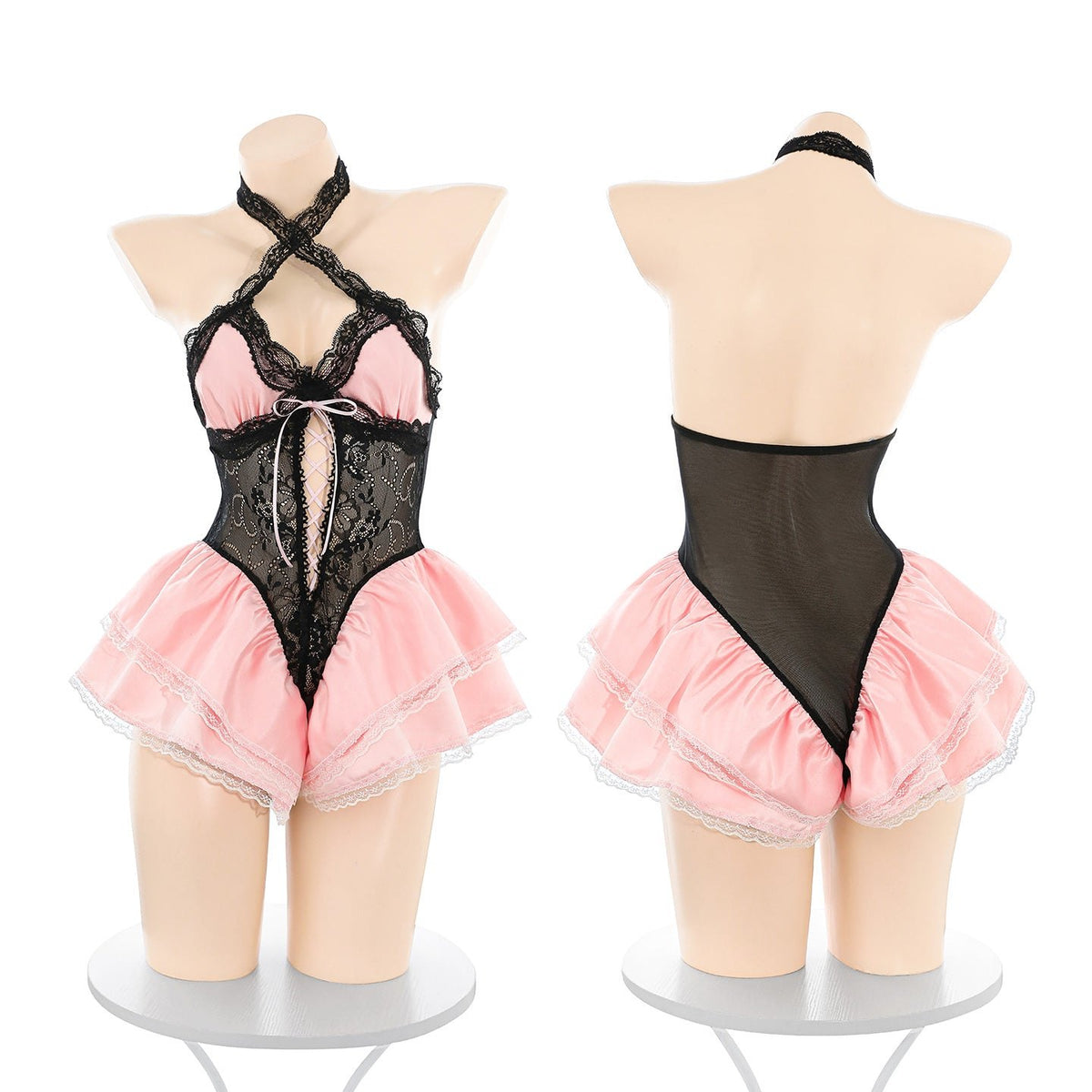 Black sweetheart lace tulle halter bodysuit