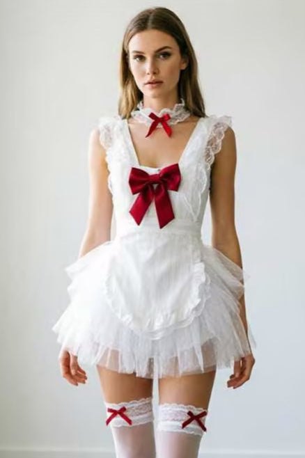 White sweetheart maid bow cosplay uniform dress set