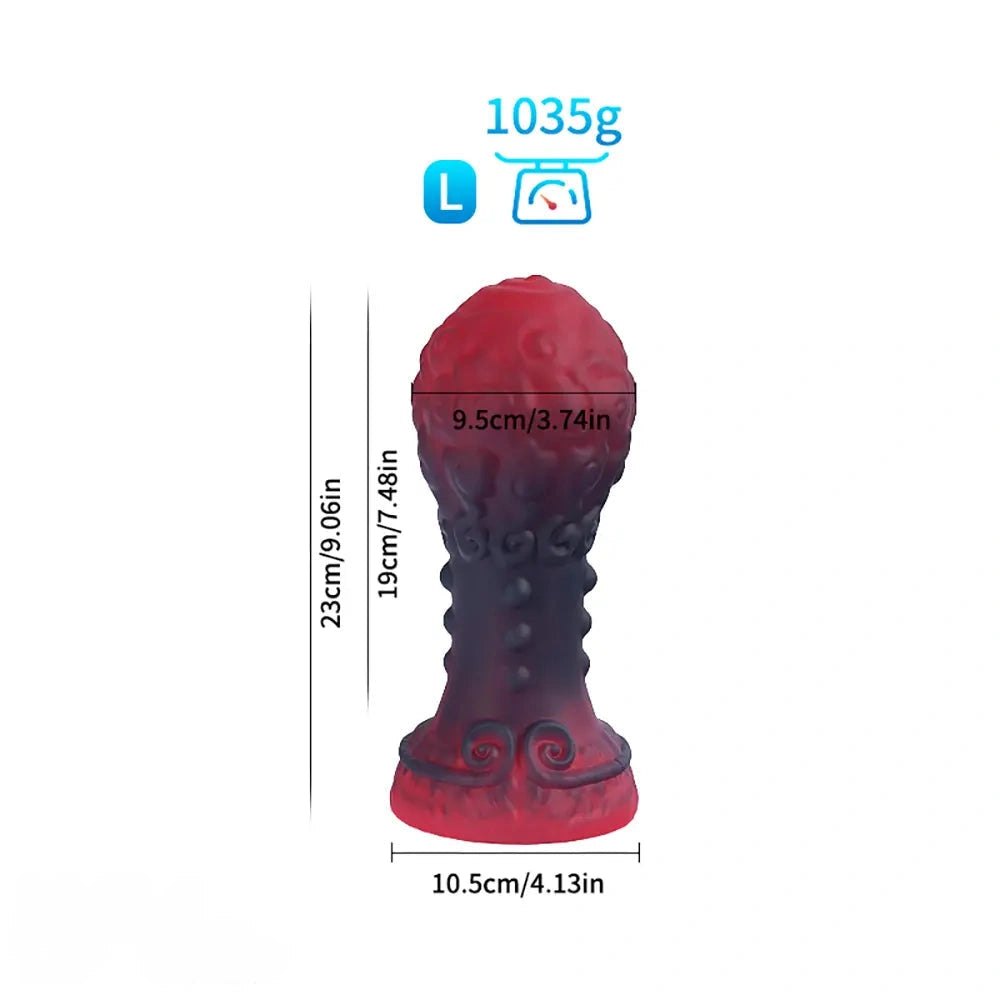 Red swirled beaded silicone anal plug with flared base