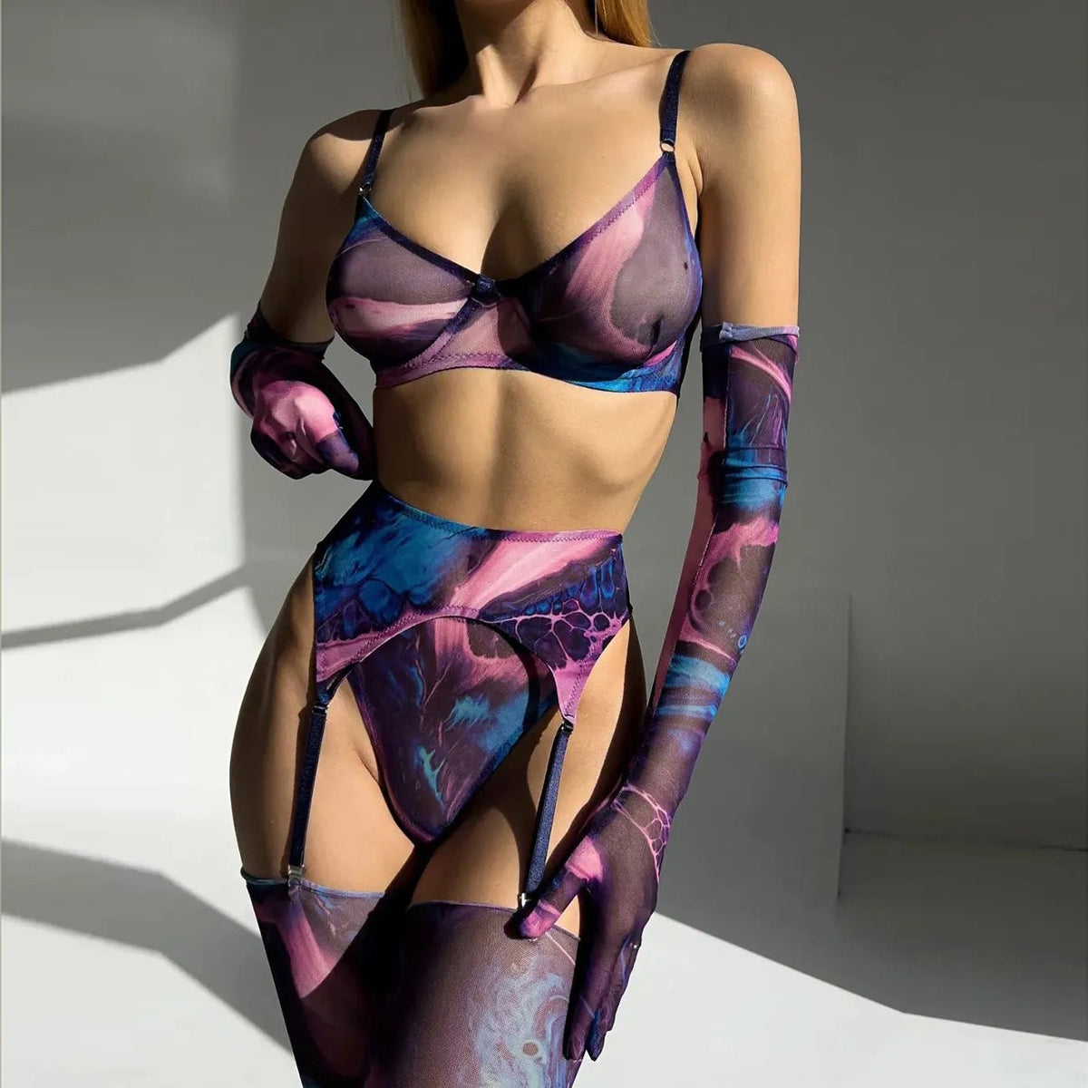 Amethyst swirl print sheer balconette bra thong set