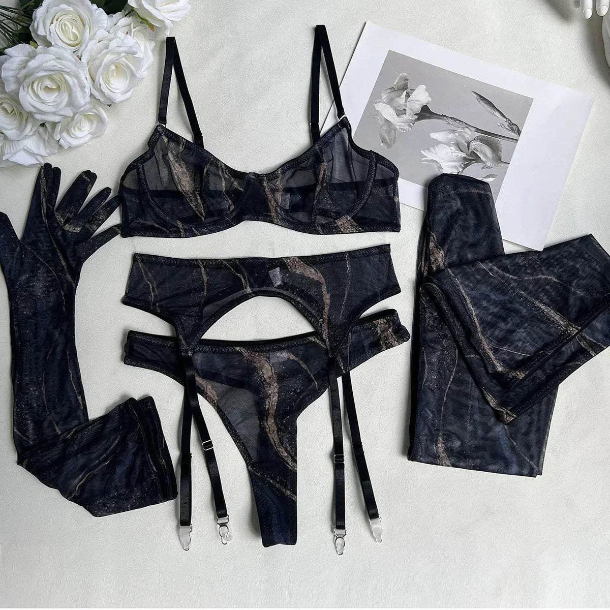 Swirl print sheer balconette bra thong set, photo 19