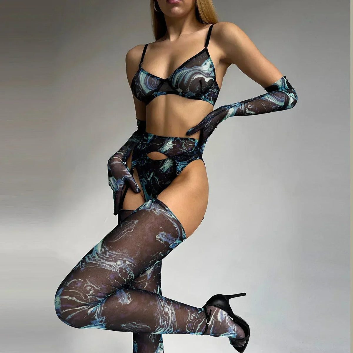 Swirl print sheer balconette bra thong set, photo 4