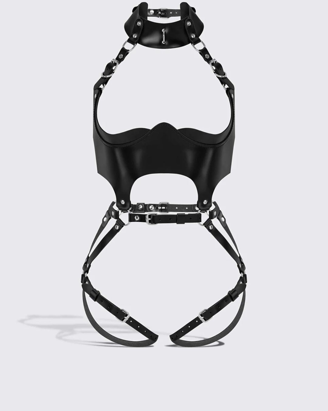 Vegan leather body harness worn over clothing, photo 5