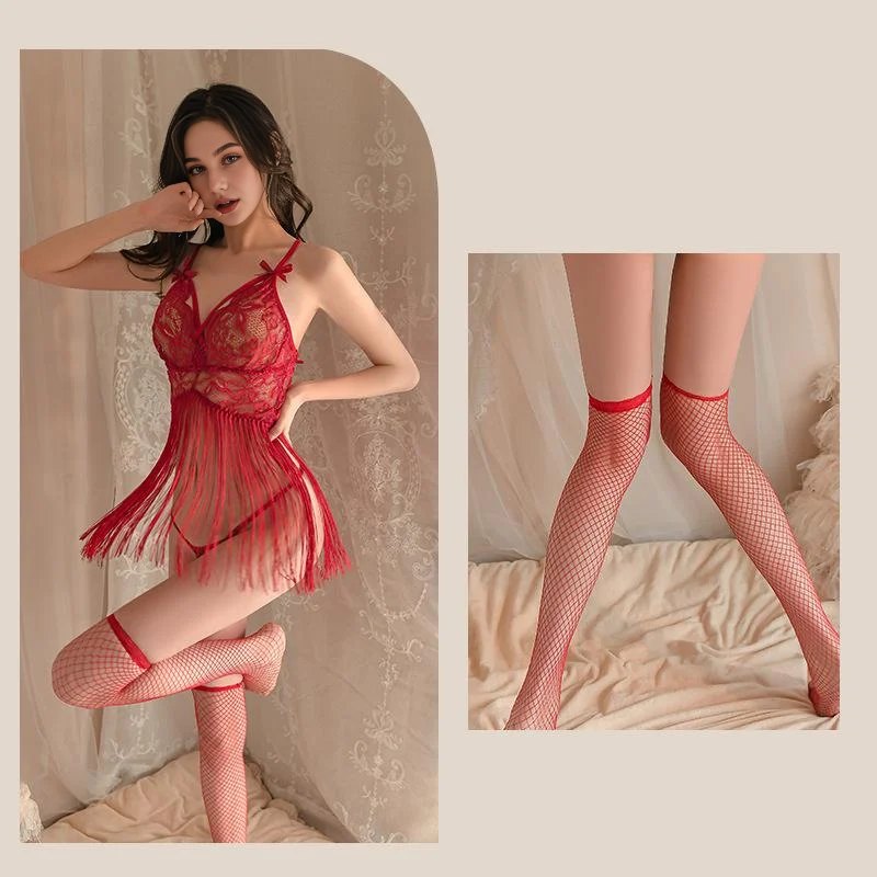 Red & Stockings Suit tasseled ruffle trim babydoll nightdress