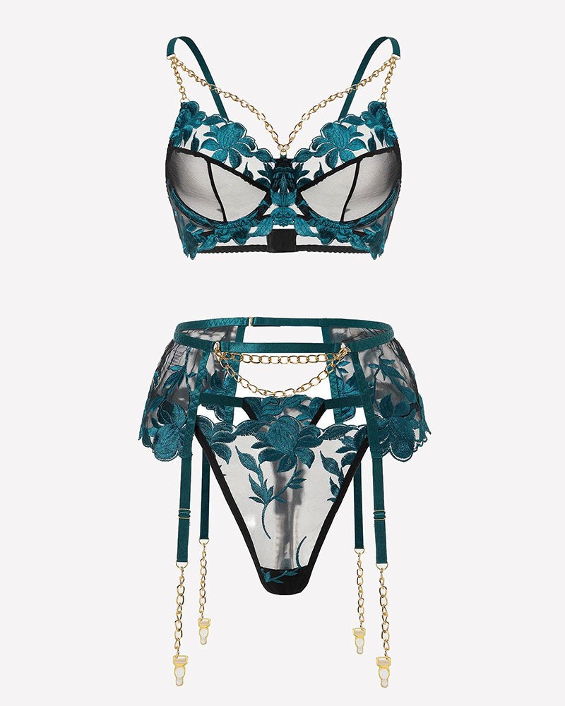Teal floral lace garter belt bra set, photo 2