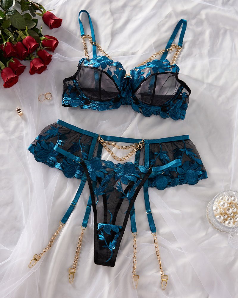 Teal floral lace garter belt bra set, photo 5