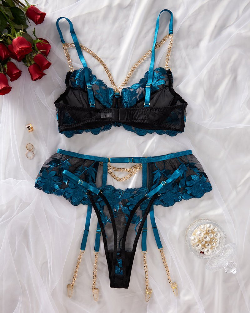 Teal floral lace garter belt bra set, photo 6