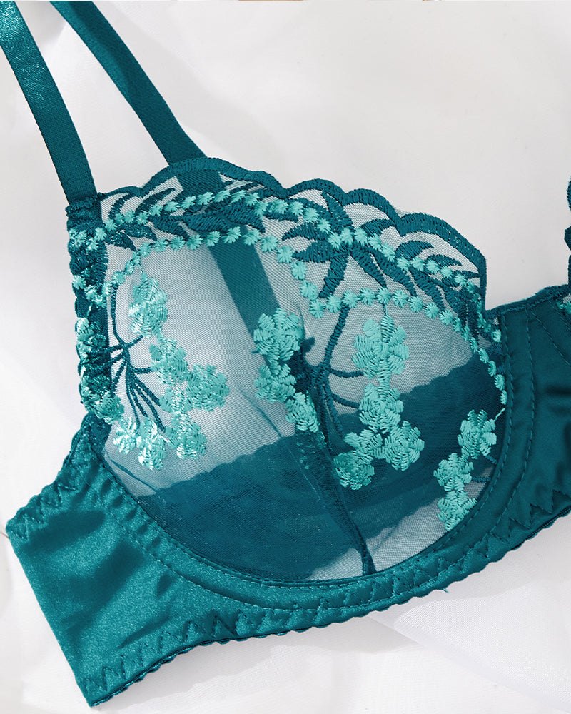 Teal satin floral garter lingerie set, photo 10