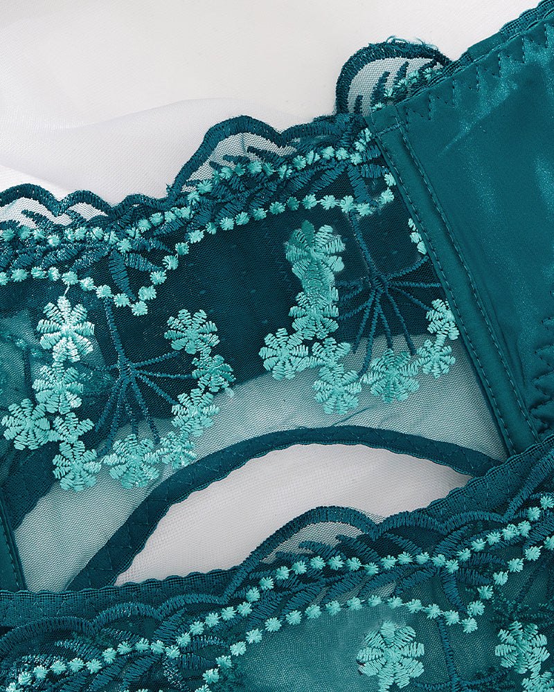 Teal satin floral garter lingerie set, photo 11