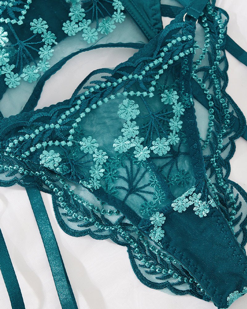 Teal satin floral garter lingerie set, photo 12