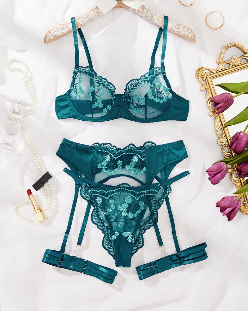 Teal satin floral garter lingerie set, photo 8