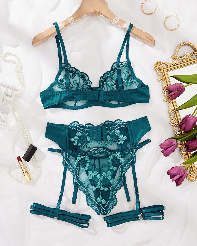 Teal satin floral garter lingerie set, photo 9