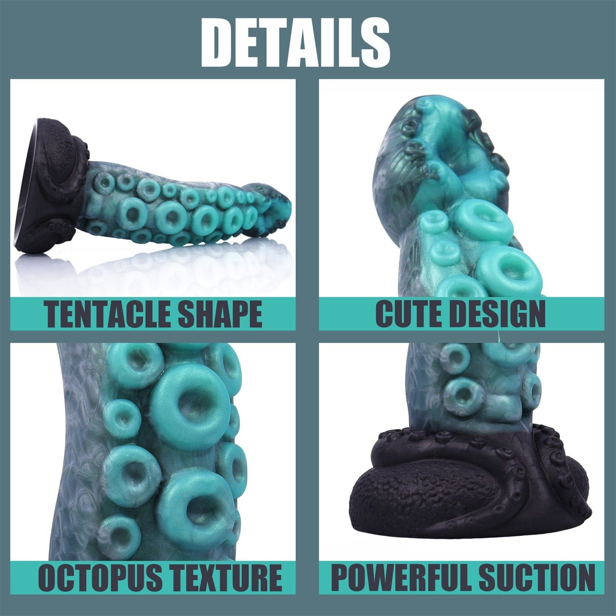 Teal silicone tentacle fantasy dildo with suction cup base, photo 6