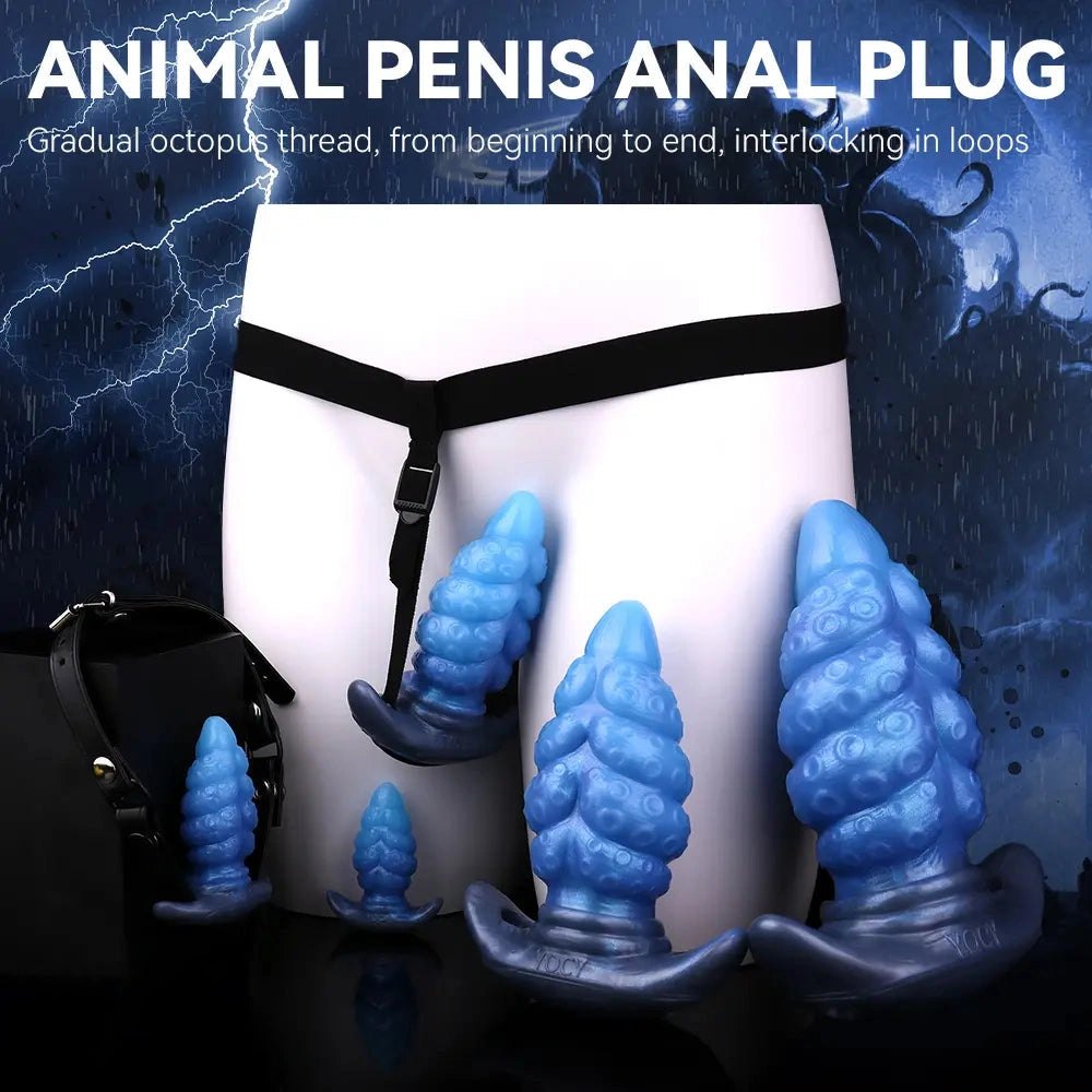Blue tentacle textured silicone butt plug, photo 3
