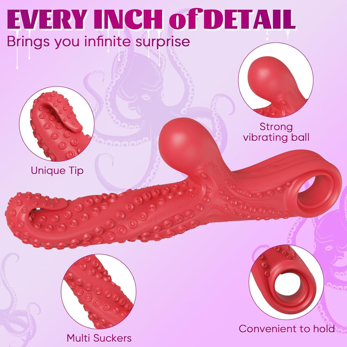 Red octopus tentacle G-spot vibrator with pull ring, photo 3