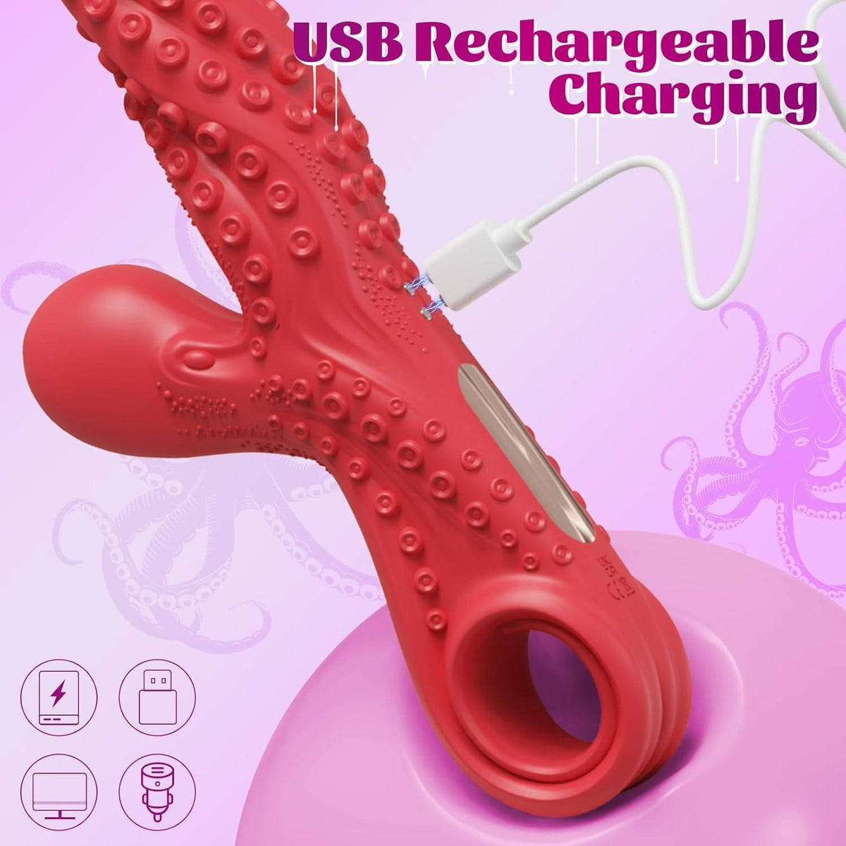 Red octopus tentacle G-spot vibrator with pull ring, photo 4