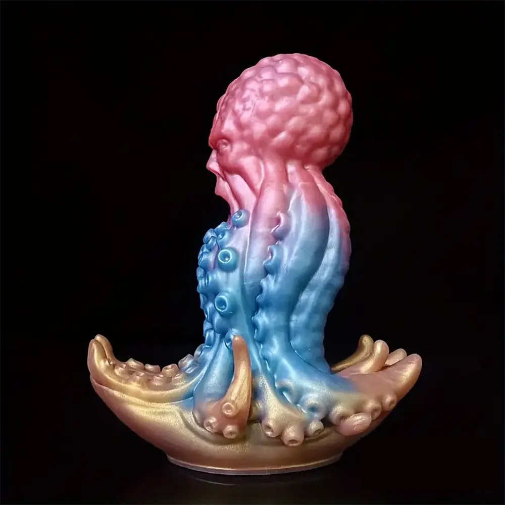 Pink and blue tentacle octopus fantasy dildo with golden base, photo 4