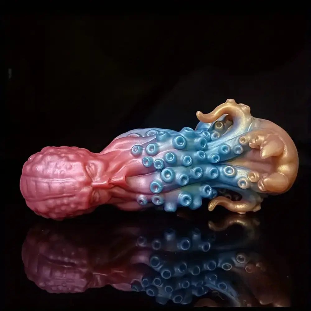 Pink and blue tentacle octopus fantasy dildo with golden base, photo 5