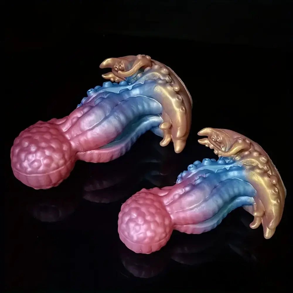 Pink and blue tentacle octopus fantasy dildo with golden base, photo 8