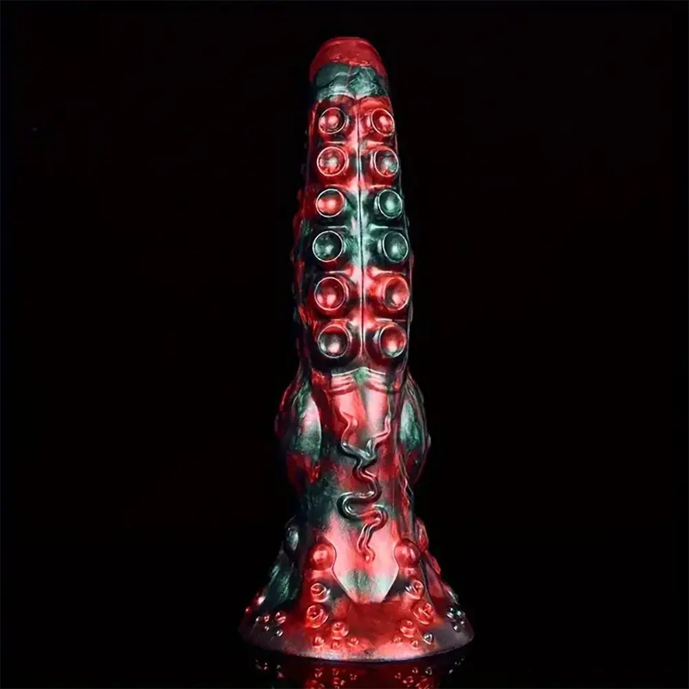 Red and green tentacle-textured silicone fantasy dildo, photo 1