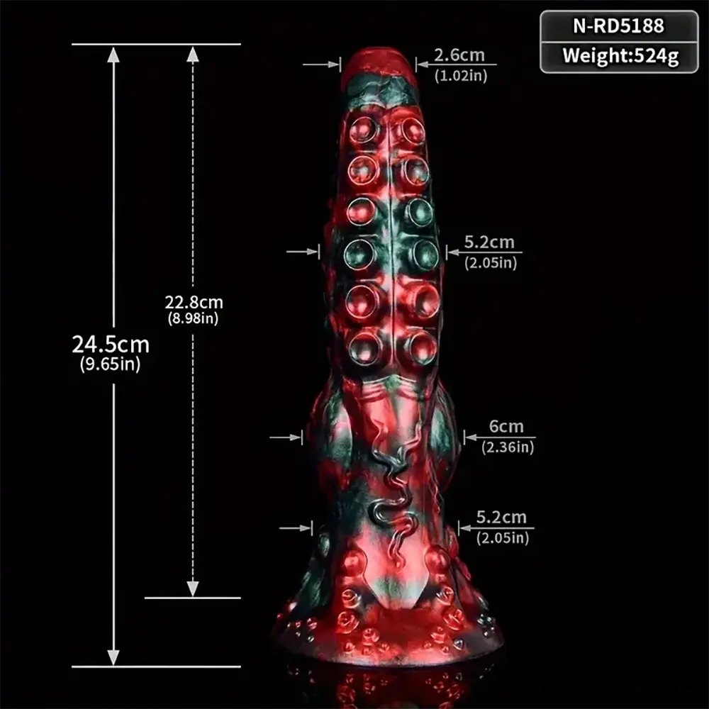 Red and green tentacle-textured silicone fantasy dildo, photo 10