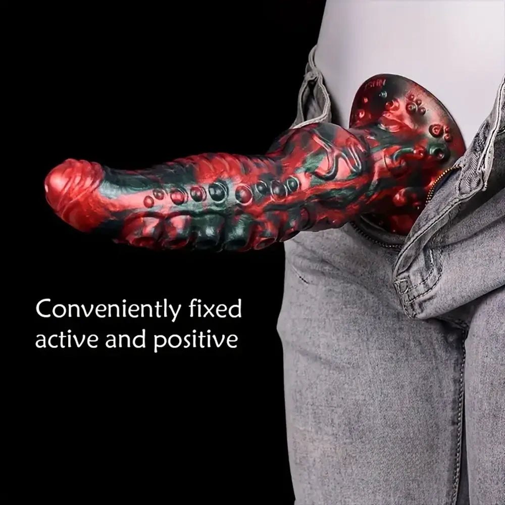 Red and green tentacle-textured silicone fantasy dildo, photo 2