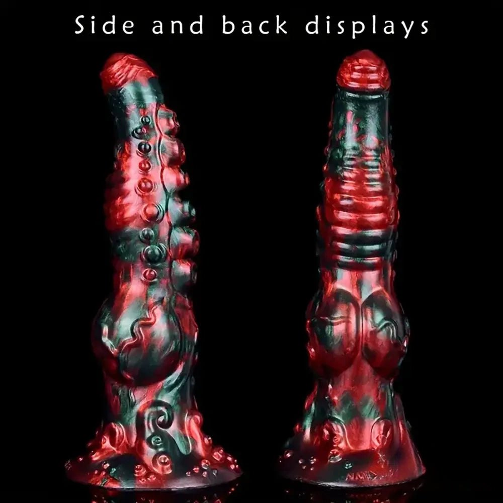 Red and green tentacle-textured silicone fantasy dildo, photo 3